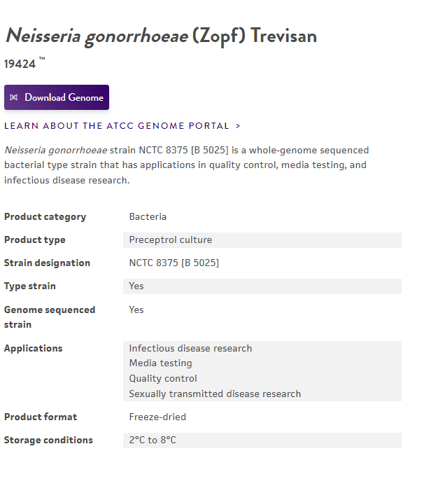 ATCC 19424 淋病奈瑟菌 NCTC 8375 B 5025